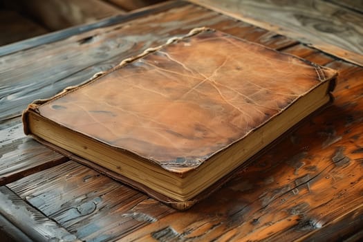 A weathered, leather-bound book lies closed on a rustic wooden table. The books cover is brown and worn, with visible stitching along the edges. The table is made of rough planks, suggesting age and use. The image evokes a sense of history and the passage of time.