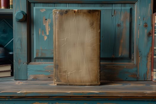 A worn leather bound book rests on a wooden shelf in a library. The books cover is brown and has visible wear and tear, suggesting its age and frequent use. The shelf is made of wood and has a rustic appearance with a blue-green paint finish.