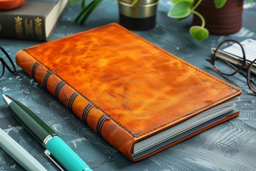 A close-up image of a leather bound journal on a grey desk. The journal is open and has a brown leather cover with decorative stitching. There are two pens and a pair of glasses lying nearby, suggesting a writing or reading environment. The image evokes a sense of classic, old-world charm and the importance of journaling and reflection.