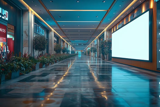 An empty corridor in a modern shopping mall with a large blank advertisement sign on the right wall. The corridor is lined with shops and decorated with potted plants. The floor is tiled and reflective, showing the blue lights of the ceiling.