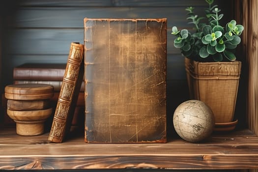 A close-up shot of a wooden shelf displaying a collection of antique books, a globe, and a potted plant. The books are bound in aged leather, their covers worn and textured. The globe is a small, detailed model of the Earth. The potted plant is a small, leafy green bush in a decorative pot.