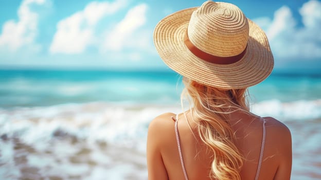 Outdoor summer portrait of young pretty woman looking to the ocean at tropical beach, enjoy her freedom and fresh air, wearing stylish hat. Summer landscape of beach. Copy space. Vacation concept.