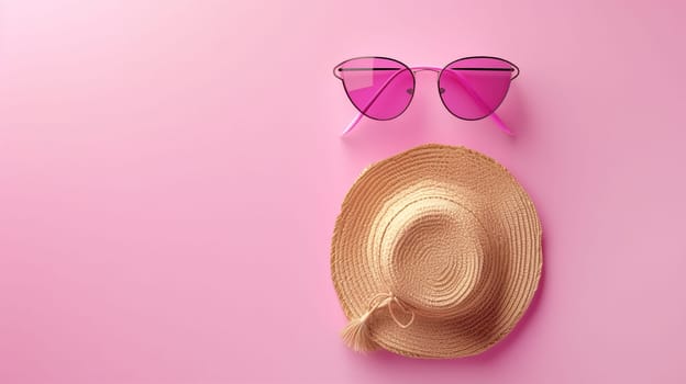 Top view of beach accessories against a pink background. Sun hatand and glasses. Vacation and relaxation, summer travel holiday concept. space for text.