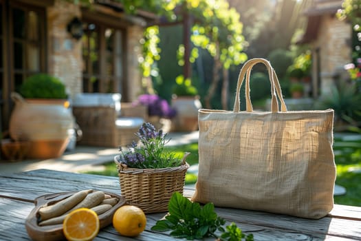 A rustic brown jute tote bag sits on a wooden table in a garden setting. The bag is made of natural fibers and has a simple design. The table is made of rough-hewn wood and has a rustic look. In the background, there is a stone building and lush greenery. The image is a perfect representation of a relaxed and peaceful outdoor setting.