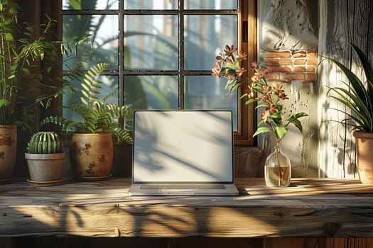 A laptop computer sits open on a weathered wooden table, bathed in the warm glow of sunlight streaming through a window. Green plants, including a cactus and ferns, flank the laptop, creating a natural and inviting workspace. The window features a rustic wooden frame and a view of lush greenery beyond.