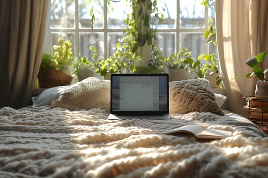 A laptop computer sits open on a bed in front of a window. Natural light streams through the window and illuminates the bed, blankets, and plants. A notebook sits open on the bed beside the laptop.