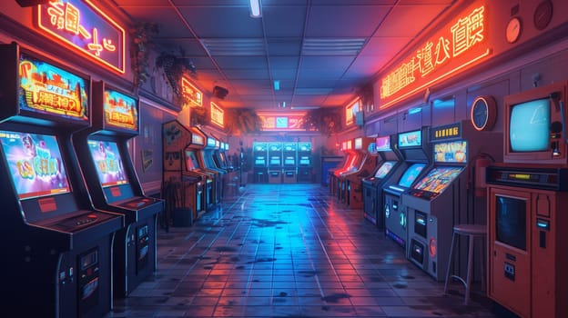 A retro arcade corridor with neon signs and classic arcade games. The walls are lined with brightly lit cabinets displaying various game titles. The floor is tiled and there is a stool sitting in the middle of the corridor. The image is a nostalgic look back at the golden age of video games.
