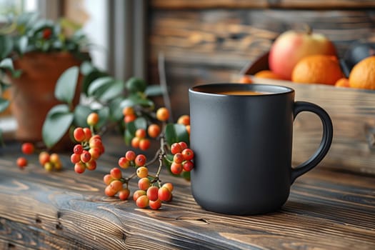 A black coffee mug sits on a rustic wooden table with a branch of red berries in the foreground. Out of focus in the background are apples and oranges in a wooden crate.