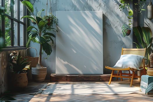 This image showcases a white canvas leaning against a rustic, blue wall in a sun-drenched patio. A comfortable wooden chair with a white cushion sits near the canvas. Lush greenery, potted plants, and sunlight filtering through a large window create a relaxing and inviting atmosphere.