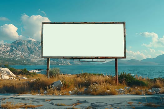 A blank billboard stands on a coastal road with a mountain view in the background. The billboard is rusty and old, while the surrounding landscape is green and lush. The sky is clear blue with fluffy clouds. The image could be used for various purposes, such as advertising or design.