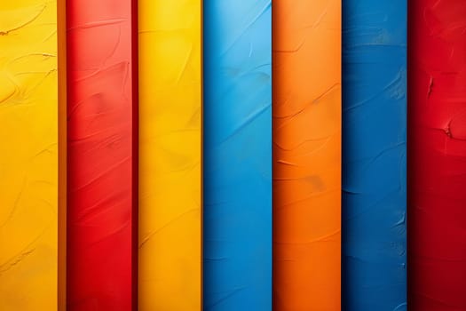 A close-up photograph of six vertical wood panels painted in various colors, including yellow, red, blue, and orange. The panels are arranged in a repeating pattern of two yellow panels followed by one red, one blue, one orange, and one blue panel. The paint has a textured finish. The photograph was taken in a vertical orientation.