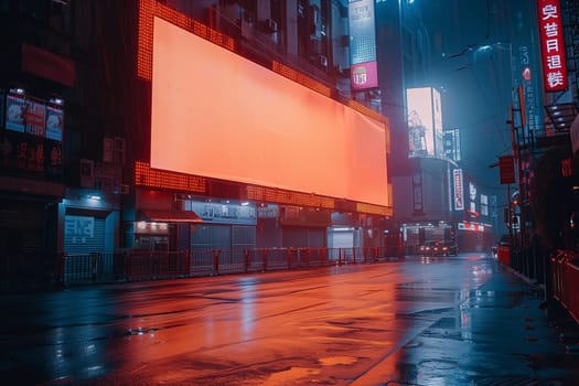An empty street in a bustling city at night, illuminated by vibrant neon signs. The street is wet from recent rain, reflecting the neon glow. A large blank billboard dominates the scene, suggesting the constant presence of advertising and consumerism. The overall atmosphere is one of quiet solitude and urban anonymity.