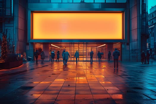 A nighttime view of a city street with a large blank billboard. The billboard is illuminated with a warm orange light, which reflects on the wet pavement. There are several people walking in the street, and the scene is lit by the streetlights. The building behind the billboard has a modern design and is illuminated with blue light.