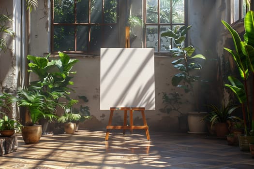 An empty canvas sits on an easel in a greenhouse, bathed in the warm light of the afternoon sun. Several potted plants surround the easel, adding a touch of natural beauty to the space. The windows behind the canvas offer a glimpse of the lush greenery outside, creating a peaceful and inspiring atmosphere.