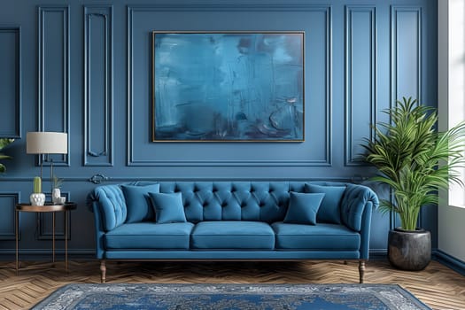 A blue velvet sofa sits in the center of a modern living room with blue walls and white trim. The sofa has a tufted back and is flanked by two throw pillows. A large framed abstract painting hangs above the sofa, adding a touch of color and texture to the room. A potted plant and a small side table with a lamp complete the scene.