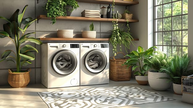 A modern laundry room with two white washing machines, a light grey concrete wall, and multiple green plants in woven baskets. The room features wooden shelves with towels and other items. Natural light streams in through a large window.