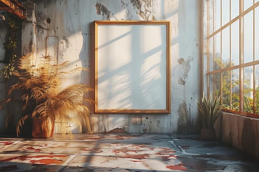 A large, blank canvas in a golden frame hangs on a distressed concrete wall in a loft space. The room is filled with natural light streaming through a large window. The window overlooks a lush, green landscape. A potted plant sits on the floor in the foreground, adding a touch of nature to the industrial setting.