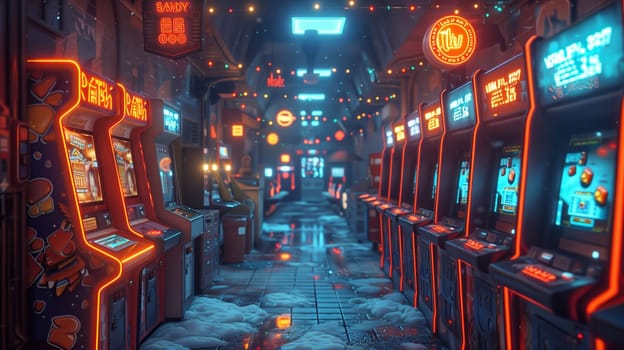 A digital illustration depicting a retro arcade with rows of brightly lit arcade machines lining a wet, dimly lit hallway. The hallway is decorated with string lights and other neon signs.