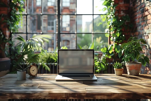 A laptop sits on a wooden desk in front of a large window with green plants. The laptop is closed and the screen is blank. There are a few plants on the desk and a small alarm clock. The sunlight streaming through the window illuminates the scene.