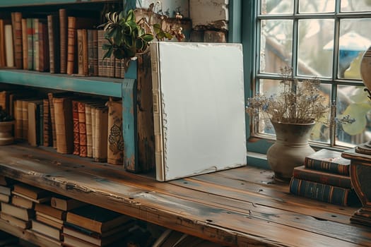 A rustic wooden bookshelf with a blank canvas leaning against it. Dried flowers are in a vase on the windowsill. The bookshelf is filled with old, leather-bound books, and there are more books stacked on the shelf below. The window is open and looks out onto a blurry background of trees and buildings.