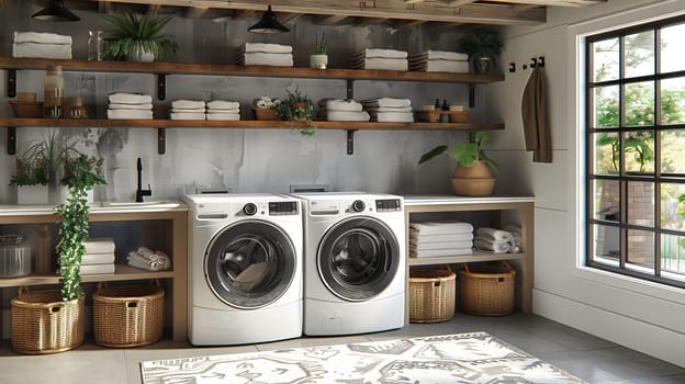 A modern laundry room with white washing machines and a set of wooden shelves with white towels and green plants. The room also features a large window overlooking a green yard, and woven baskets on the floor.