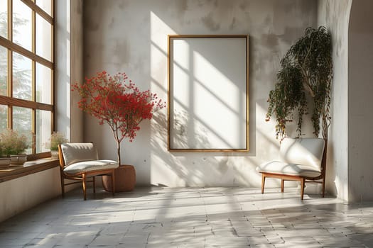 This image showcases a minimalist interior design with a large, empty canvas hanging on a white wall. The room features two chairs, a large window, and two potted plants. The light streaming in from the window illuminates the space, casting shadows on the floor and walls.