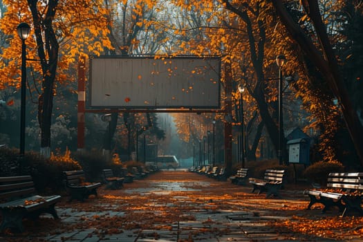 This image shows a park path lined with empty benches and a billboard. The trees have orange leaves, and the path is covered in fallen leaves. The sun is shining through the trees, creating a warm and inviting atmosphere.