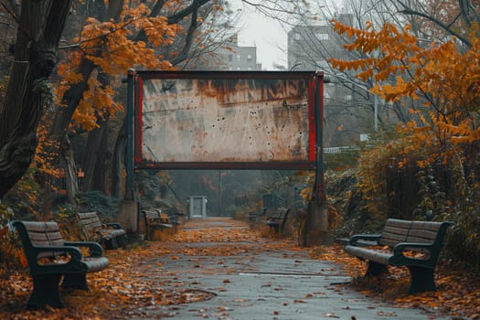 A pathway lined with benches in a city park is covered in autumn leaves. A large, weathered billboard stands in the middle of the path, its surface blank and empty. The trees on either side of the path are bare and have turned a beautiful shade of orange. The scene suggests a sense of quiet and reflection.