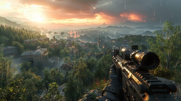 A first person view of a sniper aiming over a foggy, sunrise city. The sniper is holding a rifle with a scope, and the target is obscured by the fog. The cityscape is in the background, and the sun is rising behind the fog.