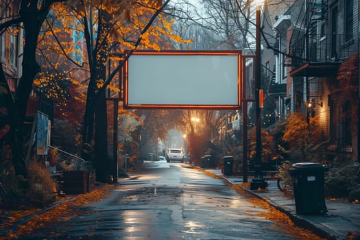 A large, empty billboard hangs over a wet, cobblestone street in a city neighborhood. The street is lined with brick buildings and trees with vibrant autumn leaves. The street lights create a warm glow on the damp pavement.