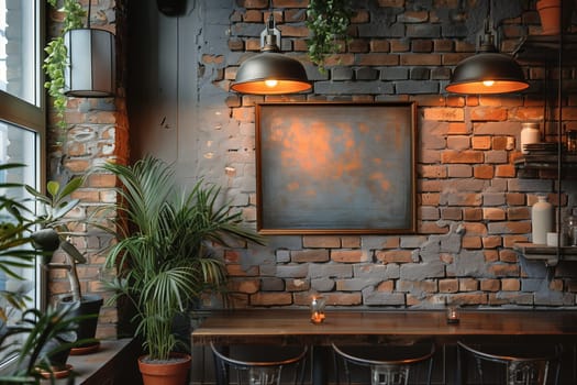 A close-up shot of a brick wall interior, showcasing exposed brick, hanging pendant lights, and a large framed artwork. There are also two potted plants, one by the window and the other near a wooden table. The image captures a warm, inviting atmosphere with its rustic elements and soft lighting.