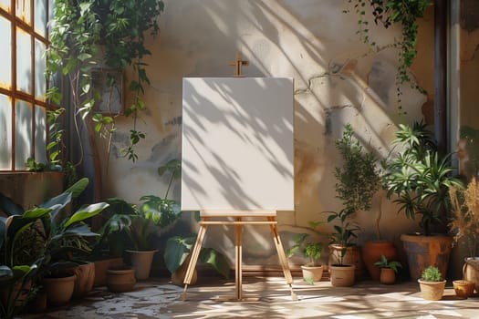 A blank canvas on an easel stands in the center of a room filled with potted plants and sunlight streaming through a window. The room has a rustic, natural feel, with a textured wall and wooden floors. The scene evokes a sense of creativity and tranquility.