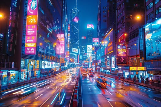 This is a vibrant night scene of a bustling Hong Kong street, showcasing a mix of modern and traditional architecture. The street is lit up with countless neon signs and streetlights, reflecting off the wet pavement. Cars and taxis are driving along the street, their headlights creating streaks of light. Towering skyscrapers in the background add to the vibrant and energetic atmosphere of the city.