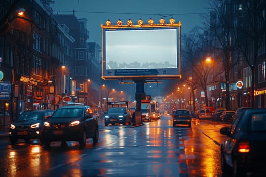 This image shows a city street at night, illuminated by streetlights and shop signs. The rain is falling, making the street wet and reflective. A large billboard with a blank white space dominates the scene, situated between two buildings. Several cars are driving on the street, and there are trees and buildings in the background. The overall atmosphere is calm and serene, with a touch of urban mystery.