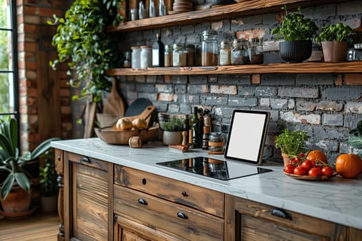 A modern kitchen with rustic wooden cabinets and a white marble countertop. A tablet with a blank screen rests on a black hot pad. The kitchen has exposed brick walls with open shelves above the cabinets. A plant in a black pot sits on the shelf above the tablet, and various other kitchen items can be seen on the shelves. There are also fresh tomatoes and a pumpkin on the countertop in the foreground.