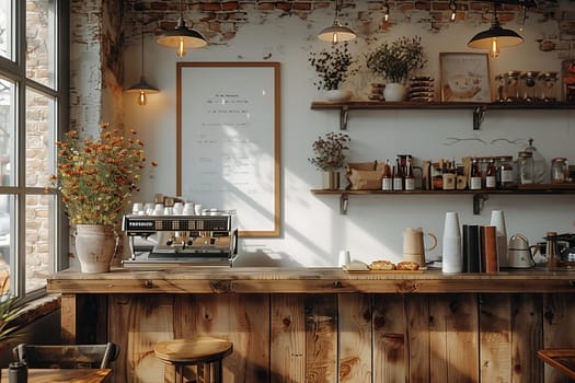 A rustic coffee shop counter with a wooden bar and exposed brick wall. The counter has a large espresso machine and a variety of coffee supplies, including cups, lids, and a pitcher. There are also plants and decorations on the shelves behind the counter. The sun shines through the large window, casting warm light on the room.