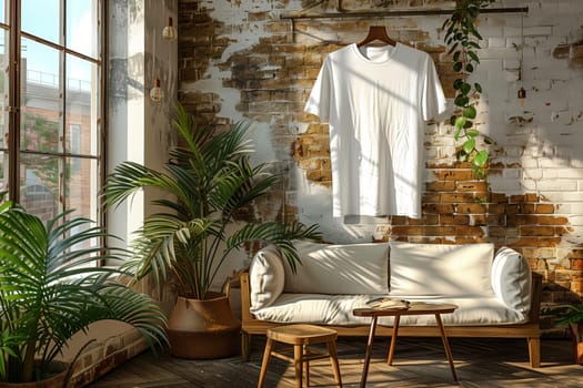 A white t-shirt hangs on a wooden hanger against a backdrop of an exposed brick wall in a sunlit room. Sunlight streams through the windows, illuminating the room and casting shadows on the white couch and coffee table. Lush houseplants add vibrancy to the space, creating a serene and inviting atmosphere.