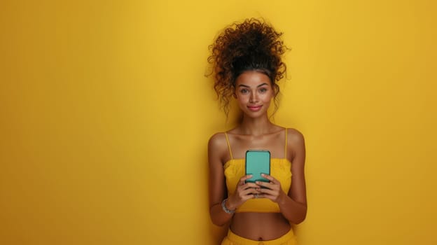 Vivacious curly-haired woman pointing at a smartphone with blank screen, beaming with excitement, against bright yellow background, mockup