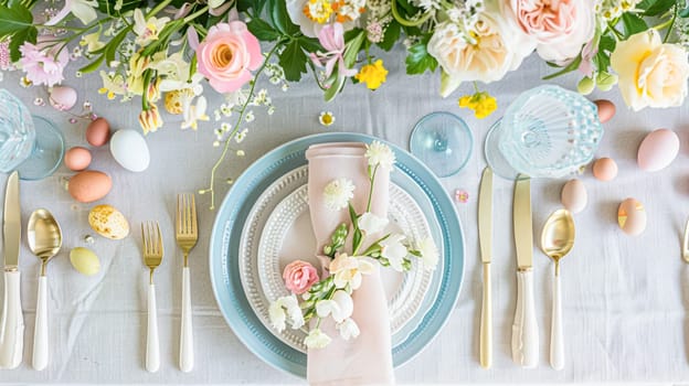 Easter tablescape decoration, floral holiday table decor for family celebration, spring flowers, Easter eggs, Easter bunny and vintage dinnerware, English country and home styling
