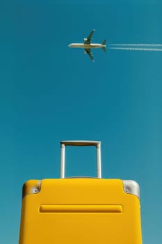 Yellow suitcase and airplane flying in blue sky travel and adventure concept