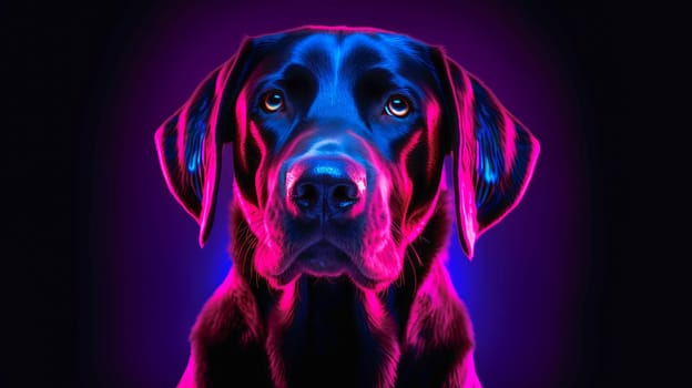 Beautiful black labrador dog in neon light. Ai art.