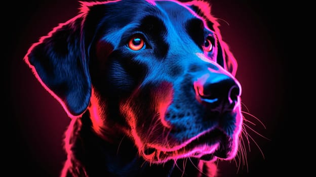 Beautiful black labrador dog in neon light. Ai art.