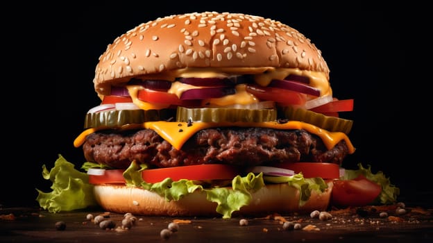 Delicious hamburger sandwich on a black background. Fast food beef burger. Ai art