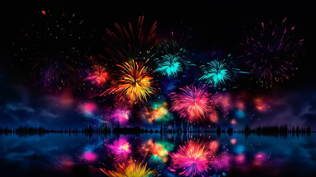 Multi colored bright fireworks in the dark night sky over the city. Ai art.