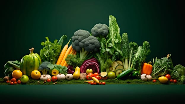 Healthy food concept photo. Background with many different vegetables and fruits. Ai art