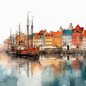 Copenhagen colored houses illustration. Old town and canal with boats. Ai art