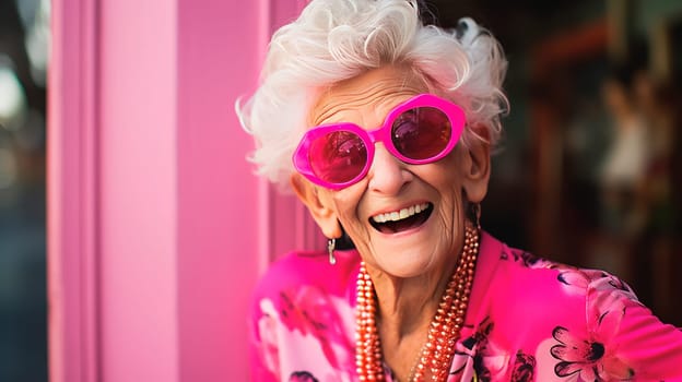 Cheerful glamorous old woman with gray hair dressed in pink. Concept of fun old age or eternal youth. Ai art