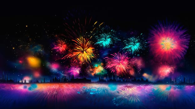 Multi colored bright fireworks in the dark night sky over the city. Ai art.