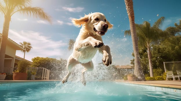 Joyful dog swims in the pool. Summer vacation concept. Ai art.