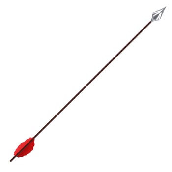 A long arrow with a red tip is shown on a white background. The arrow is made of wood and has a sharp point. Concept of focus and precision, as the arrow is pointed directly at the viewer